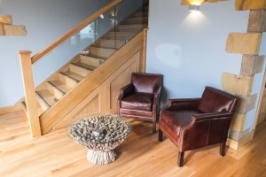 01, Modern reception area with a glass and solid oak balustrade