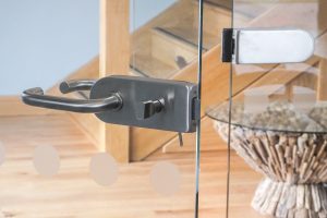 11, Satin Stainless Steel lock and latch set with a turn button to the inside